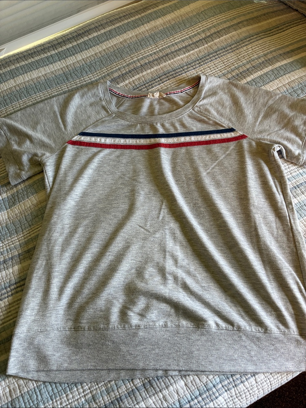 Jane and Delancey Light Gray Short-Sleeve Top with Red & Navy Stripe